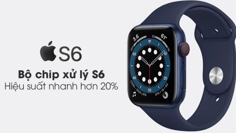 Bộ vi xử lý S6 cho hiệu năng cao hơn 20% so với dòng chip S5 Apple Watch Series 6 được trang bị con chip S6 hoàn toàn mới, đây là một bước cải tiến