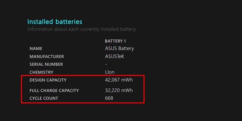 Trong trang Battery report hiện ra, tìm đến danh mục Installed batteries