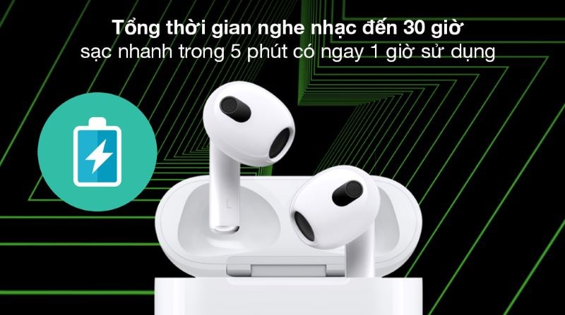 Thời lượng pin sử dụng đến 30 giờ với hộp sạc Thời lượng pin sử dụng đến 30 giờ với hộp sạc
