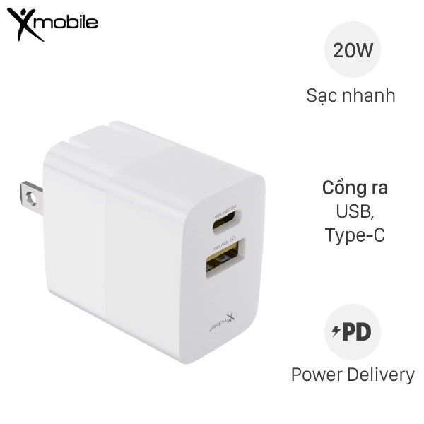 Adapter Sạc 2 cổng Type C PD QC3.0 20W Xmobile TC20QP Trắng