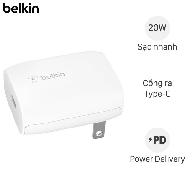 Adapter sạc Type C PD 20W Belkin WCA003 Trắng