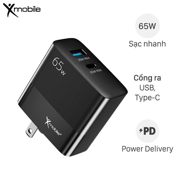 Adapter Sạc 2 cổng USB Type C PD QC 3.0 GaN 65W Xmobile MFR65 Đen