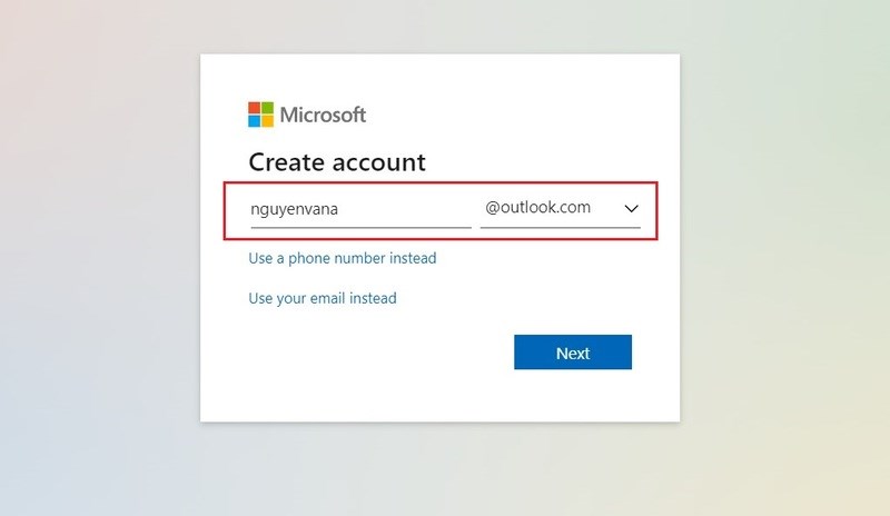 Tạo tài khoản Microsoft với đuôi @outlook