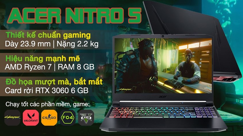 Laptop Acer Nitro 5 Gaming AN515 45 R86D R7 5800H/8GB/512GB/6GB