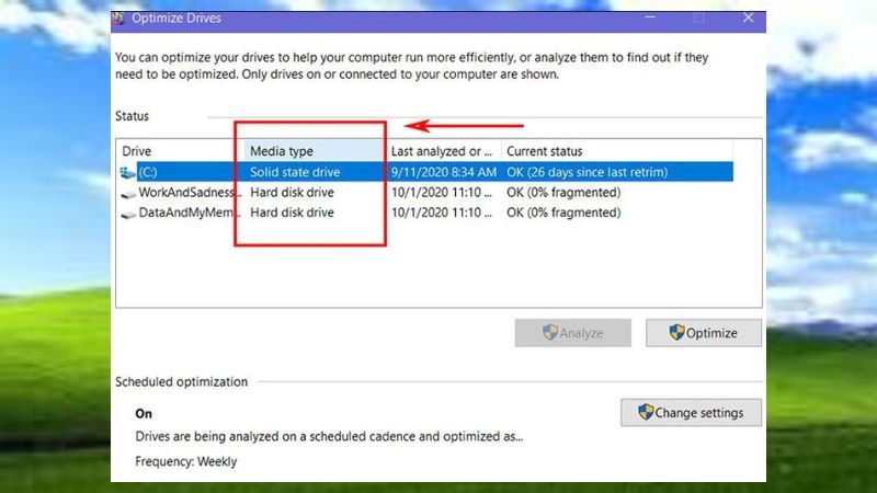 Cửa sổ Optimize drives hiện lên bạn kiểm tra ở cột Media type