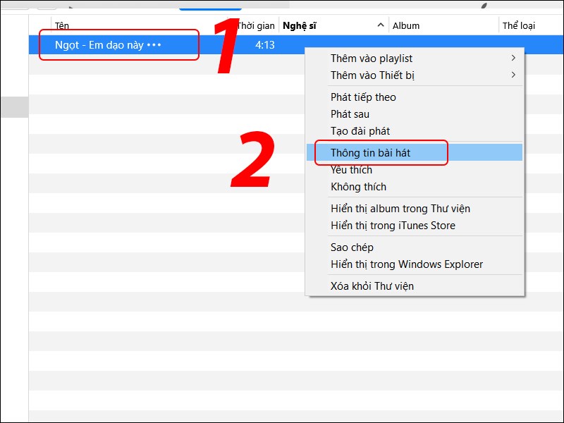 Nhấn chuột phải vào bài nhạc, chọn Thông tin bài hát.