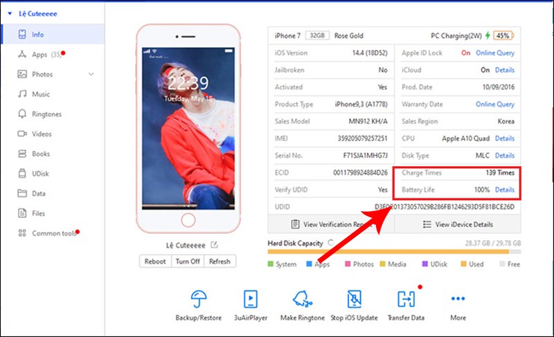 Kiểm tra số lần sạc (Change Times) và tuổi thọ Pin (Battery Life)
