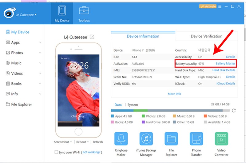 Chọn vào phần Battery Capacity