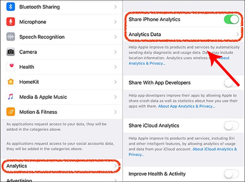 Chọn vào Analytics và bật mục Share iPhone Analytics