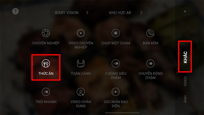 Bấm vào chọn Khác > Thức ăn để bắt đầu chụp Bấm vào chọn Khác > Thức ăn để bắt đầu chụp