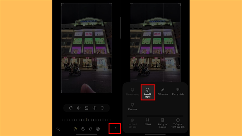 Chọn vào dấu 3 chấm đứng ở góc dưới màn hình > Xóa đối tượng Chọn vào dấu 3 chấm đứng ở góc dưới màn hình > Xóa đối tượng