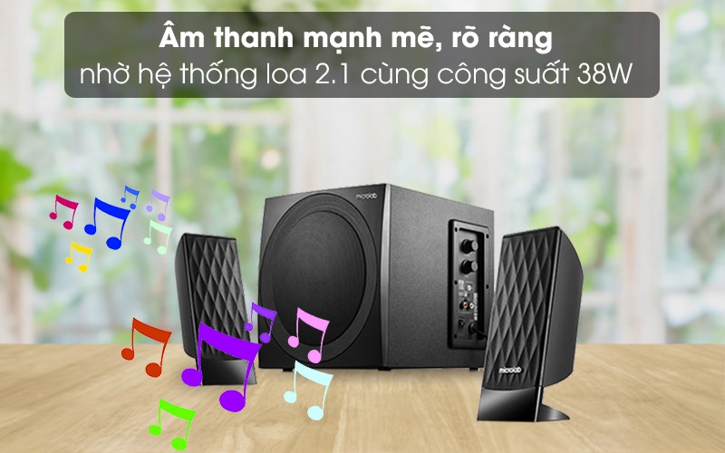  Thiết kế bao gồm 1 loa siêu trầm và 2 loa vệ tinh, có kích thước nhỏ gọn