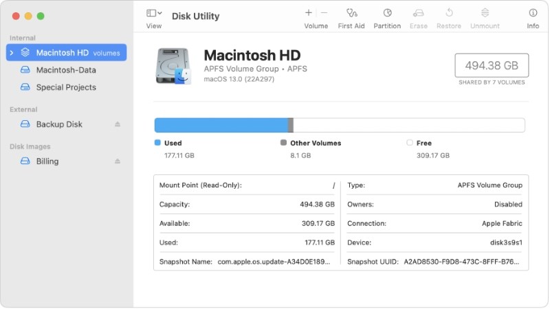 Thực hiện các bước như hướng dẫn để kiểm tra Disk Utility