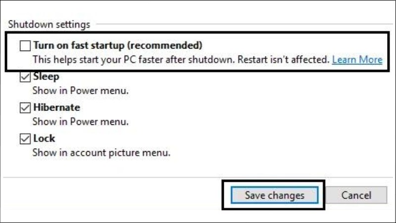 Vô hiệu hóa khởi động nhanh là cách đầu tiên để khắc phục Bỏ chọn Change settings that are currently unavailable > Nhấp vào Save Changes