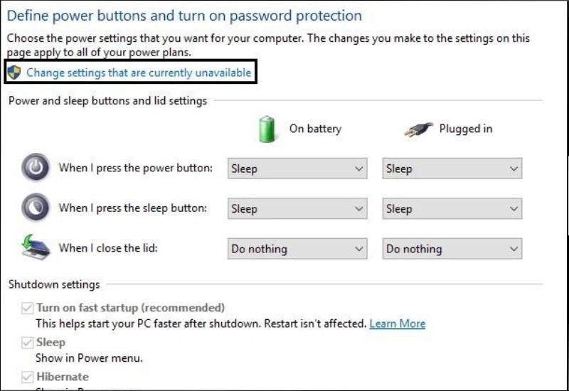 Chọn Chọn Change settings that are currently unavailable