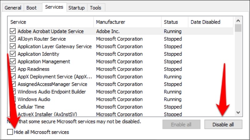 Chọn Hide all Microsoft services > Disable all Chọn Hide all Microsoft services > Disable all