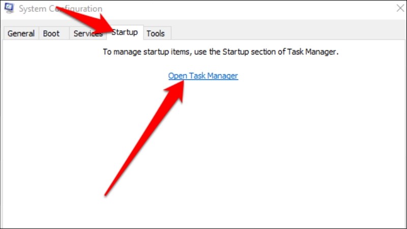 Trên tab Startup của System Configuration, chọn Open Task Manager Trên tab Startup của System Configuration, chọn Open Task Manager