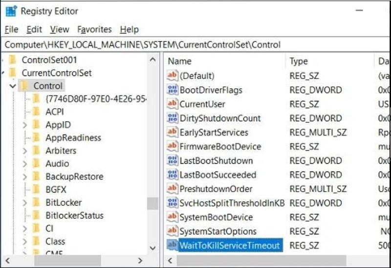 Chọn Control trong khung cửa sổ bên phải > nhấp đúp vào WaitToKillServiceTimeout Chọn Control trong khung cửa sổ bên phải > nhấp đúp vào WaitToKillServiceTimeout