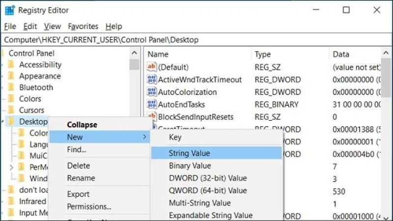 Click chuột phải vào Desktop > chọn New > String Value Click chuột phải vào Desktop > chọn New > String Value