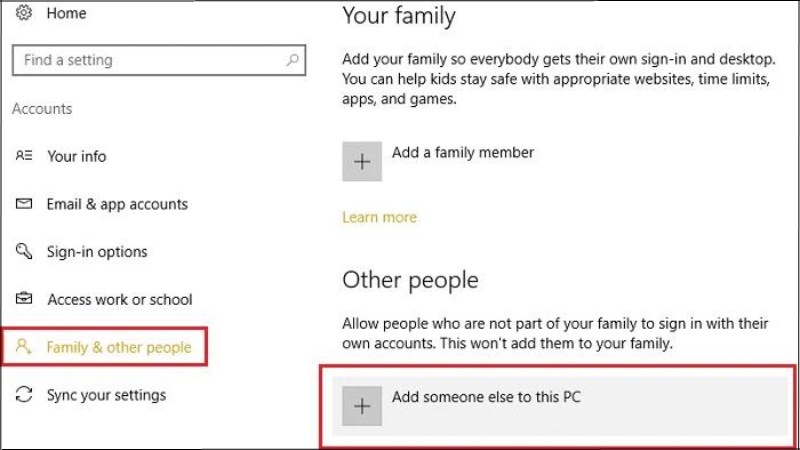 Chọn Family & other users > Click chọn Add someone else to this PC Chọn Family & other users > Click chọn Add someone else to this PC