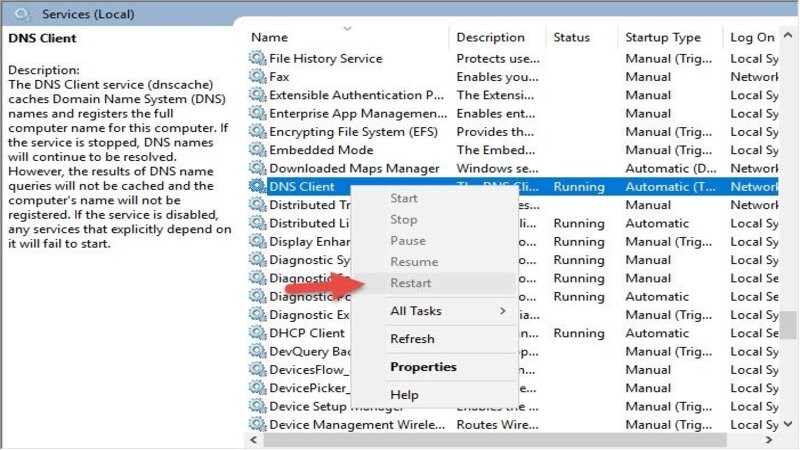 Khắc phục lỗi This site can’t be reached khởi động lại DNS client