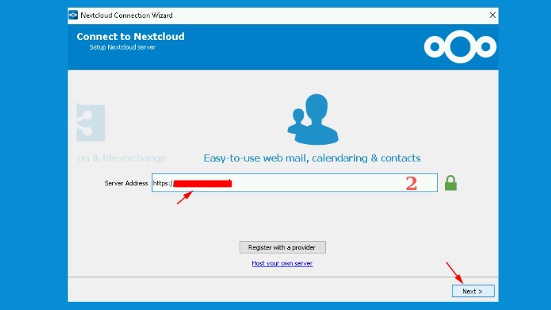 Nhập địa chỉ của server Nextcloud 