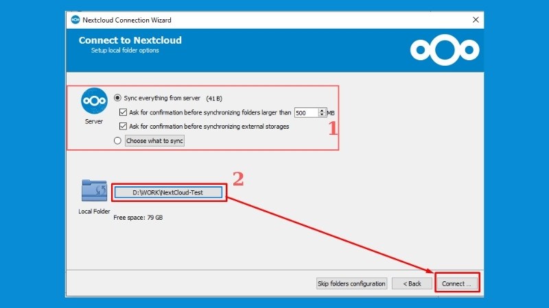 Chọn thư mục dành riêng cho dữ liệu từ Nextcloud > Connect 