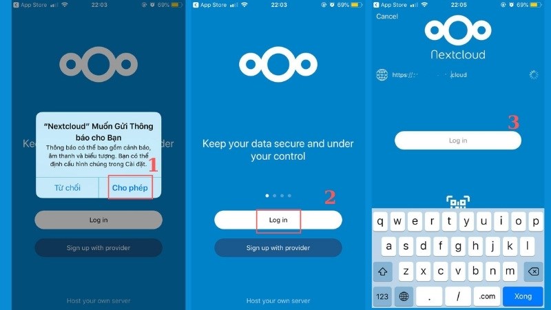 Nhập địa chỉ của NextCloud Server > chọn Log in 