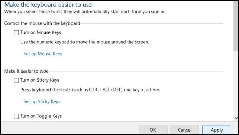 Tắt bằng cách bỏ chọn “Turn on Sticky Keys”