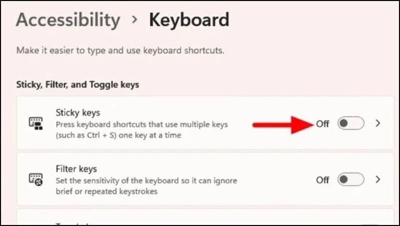 Bật công tắc Sticky keys ở chế độ On