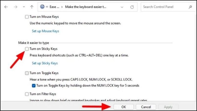 Bỏ tick ở trong ô Turn on Sticky Keys và nhấn vào nút OK để tắt Sticky Keys