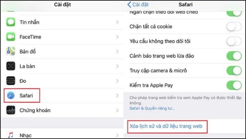 Xóa lịch sử và dữ liệu duyệt web trong Safari