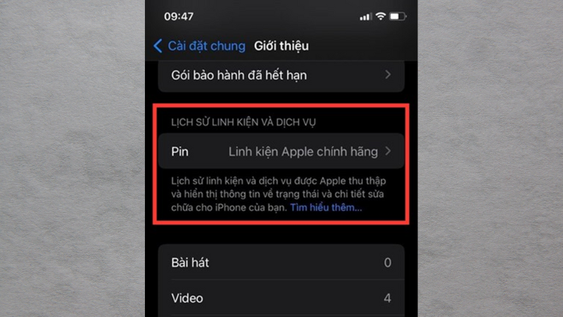 Hiển thị Linh kiện Apple chính hãng khi pin iPhone được thay chính hãng