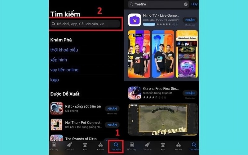 Tại ứng dụng App Store > Bấm chọn Tìm kiếm > Tìm tên game