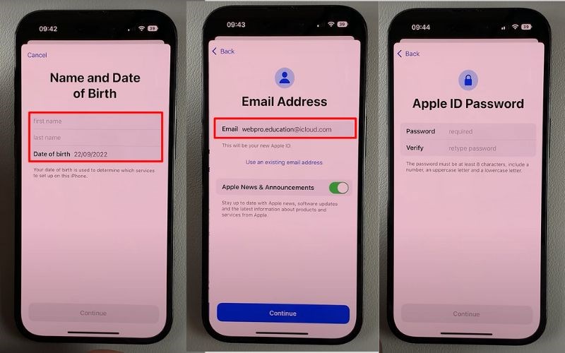 Nhập thông tin cá nhân email và mật khẩu