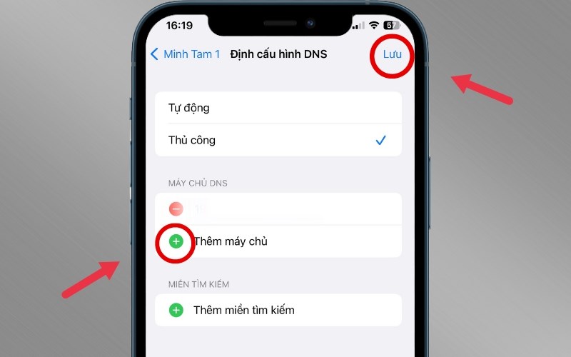 Chọn biểu tượng dấu cộng “+” để thêm DNS mới > Bấm Lưu 