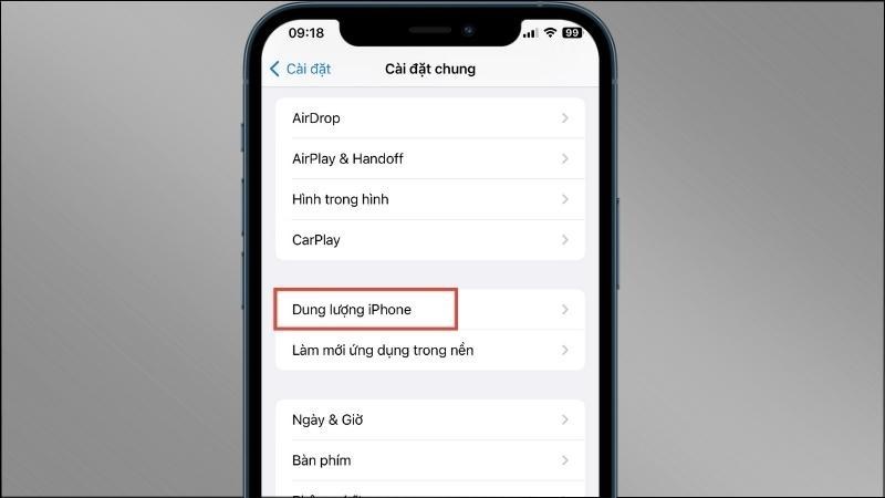 Nhấn chọn Dung lượng iPhone Nhấn chọn Dung lượng iPhone