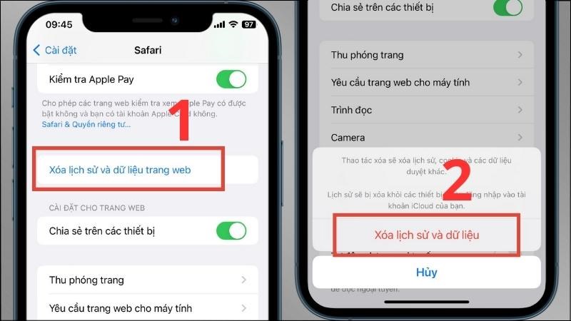 Chọn Xóa lịch sử và dữ liệu trang web > Chọn Xóa lịch sử và dữ liệu Chọn Xóa lịch sử và dữ liệu trang web > Chọn Xóa lịch sử và dữ liệu