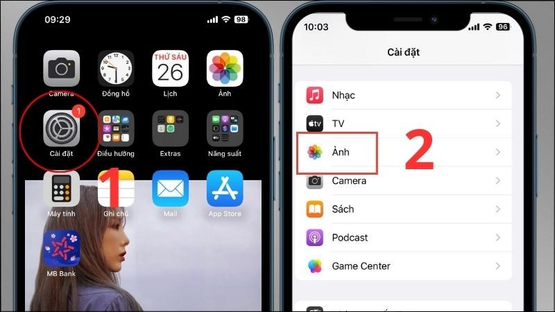 Mở Cài đặt > Chọn Ảnh Mở Cài đặt > Chọn Ảnh