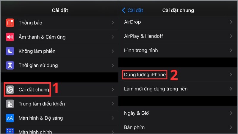 z Mở Cài đặt > chọn Cài đặt chung > chọn Dung lượng iPhone