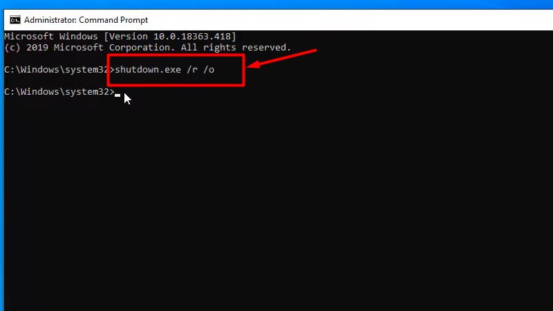 Tiến hành nhập câu lệnh shutdown.exe /r /o