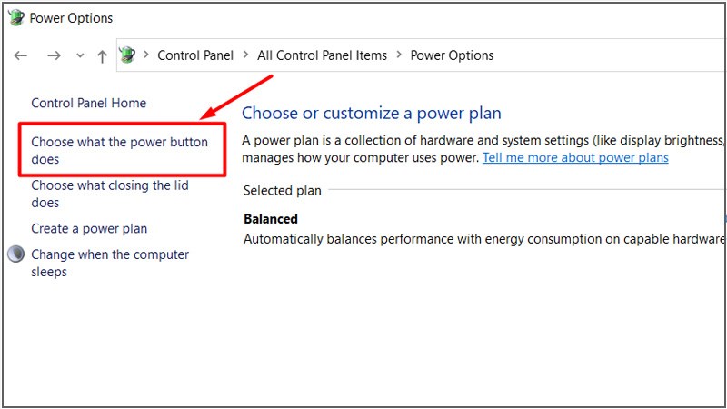 Tại Control Panel Home > Chọn mục Choose what the power buttons do 