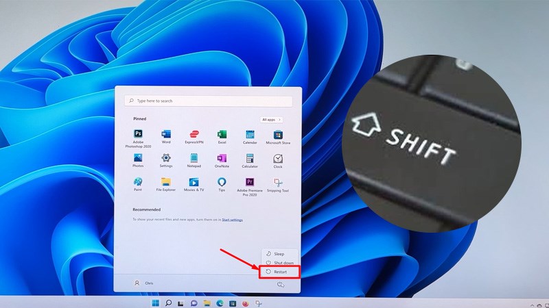 Bấm và giữ phím Shift trên bàn phím trong vài giây đồng thời chọn Restart 