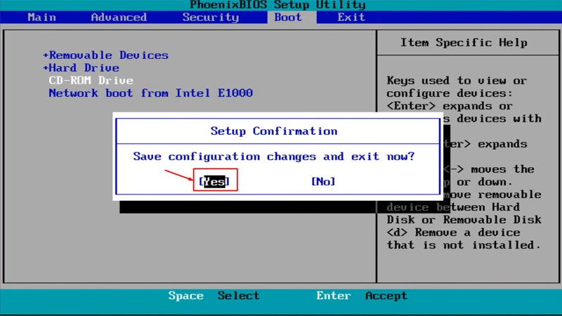 Sau cùng bạn nhấn F10 để lưu và thoát khỏi BIOS > Yes 