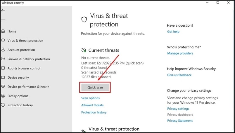 Chọn Quick scan để khởi chạy công cụ bảo mật Windows 11