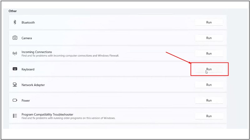 Mục Keyboard và nhấp vào nút Run để kích hoạt trình khắc phục sự cố Windows 11