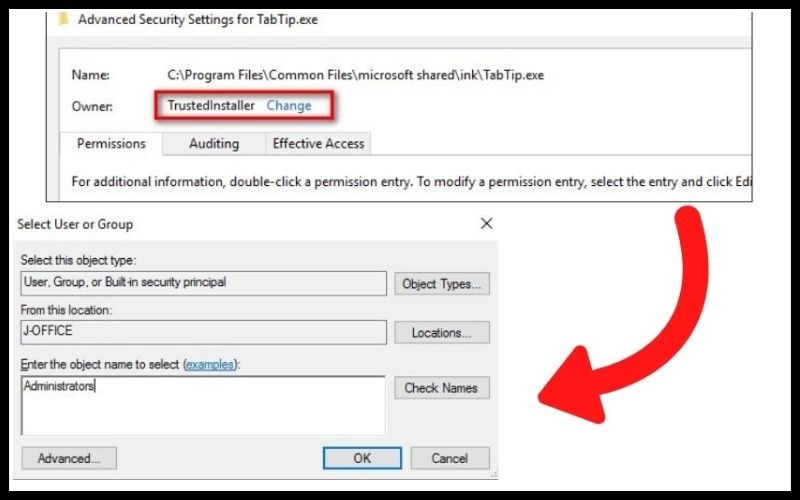 Click chọn Change > Gõ tên của Administrator > Nhấn OK Click chọn Change > Gõ tên của Administrator > Nhấn OK