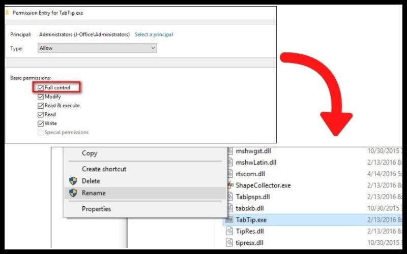 Chọn Full Control > Chọn OK > Tiếp tục chọn OK > Click chuột phải vào TapTip.exe > Chọn Rename Chọn Full Control > Chọn OK > Tiếp tục chọn OK > Click chuột phải vào TapTip.exe > Chọn Rename