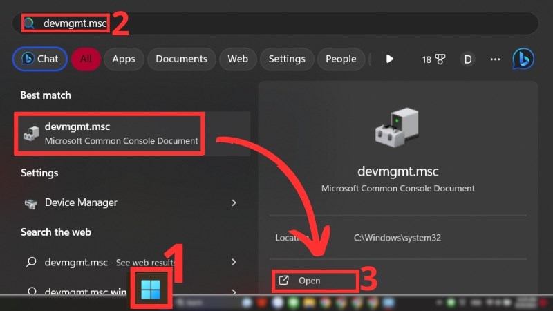 Mở Start Menu, tìm kiếm devmgmt.msc > Mở Device Manager