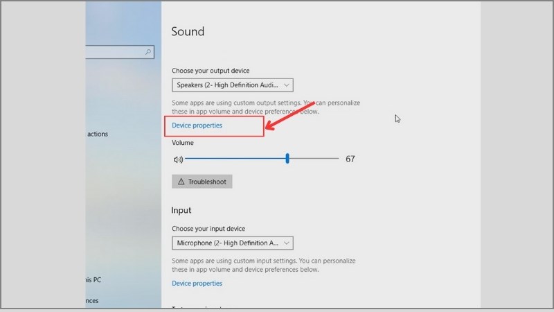 Trong cửa sổ cài đặt âm thanh chọn Device properties trong phần Sound
